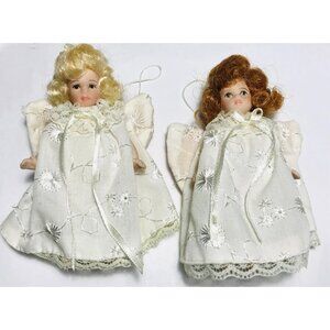 Delton Angel Ornaments 2 Child Angels Christmas White Gowns Blonde Brown Pair Sm